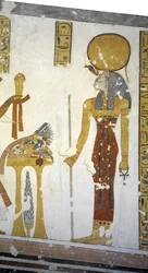 Egypt, Theben, Luxor, Kongenes dal, prins Mentuherkhepeshefs grav, veggmaleri av kattehodegudinnen Bastet, 20. dynasti