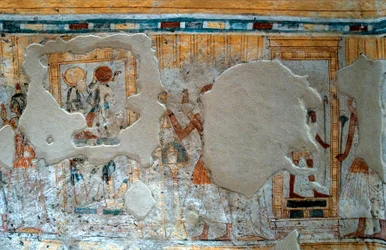 Egyptisk antikvitet: representasjon av Shuroy og hans kone som tilber guden Thot og gudinnen Ra. Maleri av graven til Shuroy