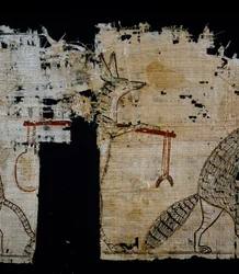 Papyrus som skildrer satirisk scene, ca 1100 f.Kr., datert fra regjeringen til Ramesses IX, Detalj, egyptisk sivilisasjon, New Kingdom, Dynasty XX