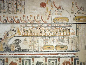 Prosesjon etter solguden Ras himmelske navigasjon, Book of Earth, detalj fra fresker av gravkammeret til Ramesses VIs grav, Kongenes dal, Luxor, Theben (Unescos verdensarvliste