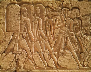 Relieff som viser tjenere som bærer tau og våpen, fra Ramses III-tempelet (ca. 1184-1153 f.Kr.) New Kingdom