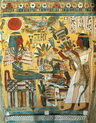 Sarcophagus of Ankt Ef Rhonson, skriver av Temple of Amon, interiørdetalj: den avdøde tilbyr blomster til guden i Vesten, New Kingdom, Dynasty XX
