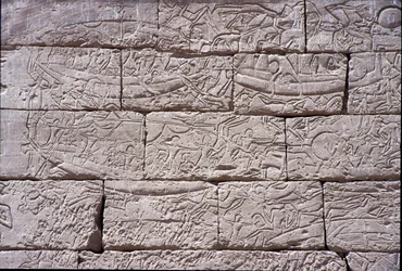 Sjøfolket, Sjøslaget ved Ramses III, Medinet Habu, stein fra 1195–64 f.Kr.