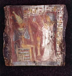 Interiør av sarkofagen til sangeren, Toarnemiherti, som viser den avdøde som ofrer røkelse til Osiris på tronen, tredje mellomperiode (malt stein) (se også 107960)