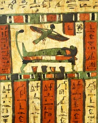 Pusset og malt tre som viser avdøde på dødsleie mens soul, Ba, flyr mot etterlivet, fra Sarcophagus of Tashakheper, Theben