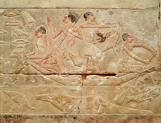 Relieff som fremstiller menn i en båt, fra prinsesse Iduts grav, Det gamle riket, ca. 2330 f.Kr.