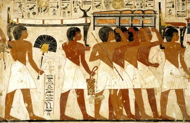 Det gamle Egypt, maleri, gravfølge, Ramoses grav, menn som bærer skatter, Theben, Adelsmennenes dal