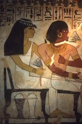 Det gamle Egypt, veggmaleri, Sennufers grav, Theben, Sennufer og søsteren hans Merit holder lotusblomster, Sennufer, borgermester i Theben og tilsynsmann under farao Amenophis II