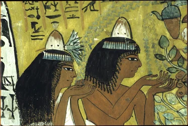 Det gamle Egypt, veggmaleri, Sennedjem og kone tilber Isis i Persea-treet, Sennedjems grav, Theben, Deir el Medina