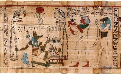 Egyptisk antikvitet: veiingen av sjelen - Detalj av Book of Dead, papyrus bevart ved det egyptiske museet i Torino, Italia