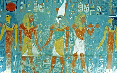 Kongenes dal, graven til farao Horemheb før Osiris, Isis, Ma#39;at og Horus, 19. dynasti, 1333–1306 f.Kr. (maleri)
