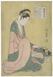 Courtesan met rookgerei Takao sange no dan (tittel på objekt)