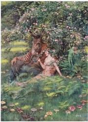 Bottom og Titania: "Kom og sett deg ned på dette blomsterbedet" (litho)