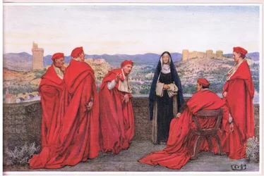 Den hellige Katarina av Sienna forhandler med pave Gregor XI på vegne av florentinerne (litho)
