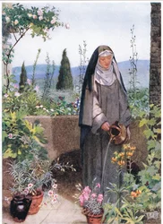St Clare i hagen til klosteret hun grunnla (litho)