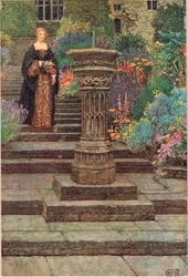 Woman in a Garden, illustrasjon fra 'The Book of Old English Songs and Ballads' utgitt av Stodder og Houghton, ca. 1910 (farge litho)
