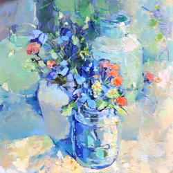 Fargerike vaser med blomster