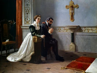 Bianca Cappello og Frans I de Medici (1541-1587) (Francesco Primo I de Medici) ber foran et krusifiks