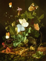 Stilleben med skogbunn, blomster, en mus og sommerfugler