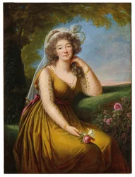 Portrett av Madame du Barry (1743–1793), trekvartlengde, sittende i et landskap, ca. 1775–93 (olje på lerret)