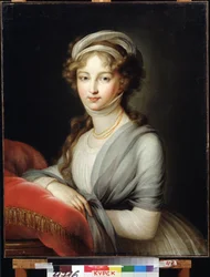 Portrett av keiserinne Elisabeth Alexeievna, prinsesse Louise av Baden (eller Baden) (1779-1826) (Portrett av keiserinne Elizabeth Alexeievna, prinsesse Louise av Baden). Maleri av Marie Louise Elisabeth Vigee Lebrun (1755-1842). Olje på lerret, 80 x 64,6 