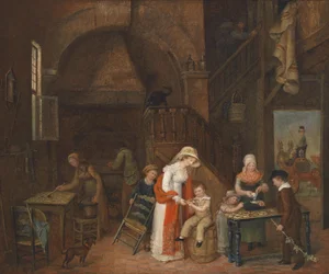 Besøk hos kakebakeren, utydelig signert (på bordet), datert M. E. De Latour 1822