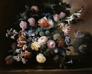 Stilleben av sommerblomster med roser, primulaer og tulipaner. Maleri av Elise Bruyere (1776–1842). Privat samling.