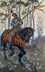 En ridder i rustning reiser gjennom skogen, illustrasjon fra «King Arthur#39;s Wood» av Elizabeth Adela Stanhope Forbes (fargelitografi)