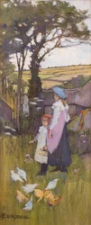 Mating av kyllingene (pastell og akvarell på brett)