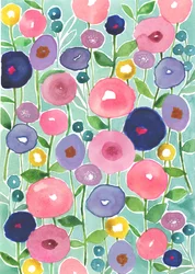 Valmuer i blomst på akvamarin bakgrunn, 2018 (akvarell)