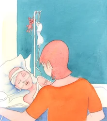 En mor med et alvorlig sykt barn fortsetter å elske henne, 2005 (akvarell på papir)