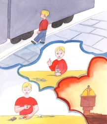 En prest som ikke underviser om synd og atskillelse fra Gud, er like uansvarlig som en forelder som lar en smårolling leke ved en trafikkert vei, eller åpne blikkbokser alene, eller bytte blad i farens barberhøvel, 2005 (akvarell på papir)