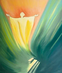 Et tilbud av uendelig verdi stiger opp fra alteret ved hver messe når Jesus trygler til Faderen på våre vegne, 2001 (olje om bord)