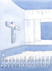 Som et ikke-katolsk barn på en katolsk skole pleide jeg å se på figuren på korset, og lurte på hvem han var, og hvorfor han var der, 2000 (w/c på papir)