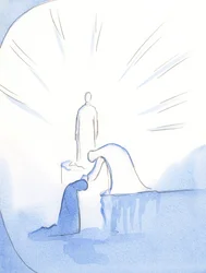 Som om hun bøyde seg fra en sokkel, rakte Vår Frue ut hånden og strøk meg over hodet. Hun gleder seg over de som snakker med glede om henne til andre, 2002 (w/c på papir)