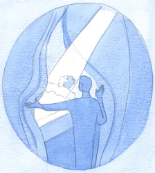 Ved våre inderlige bønner til Vår Velsignede Frue, er det som om vi holder mørkets tråder til side, for å la Himmelens lys skinne ned over de trengende, 2002 (w/c på papir)
