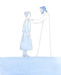 Kristus strøk skulderen min, mens han forsikret meg om at våre små feil er som små støvbiter på en pen dress, når vi nærmer oss ham for nattverd, 2005 (akvarell på papir)