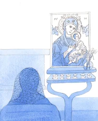 Kristus inviterer oss til å stole på hans hellige mor Maria, og til å be om hennes bønner, spesielt under tittelen «Mor til evig hjelp», 2005 (akvarell på papir)