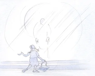 Kristus er øm mot oss, uansett humør, enten vi hilser ham i tristhet, eller som en skolejente i støyende glede., 2001 (w/c på papir)