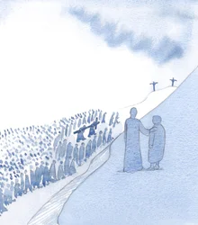Kristus ser ømt på vår erindring om hans hellige lidenskap. Han elsker vår hengivenhet, og ser hvordan vi går videre i ydmykhet., 2000 (w/c på papir)