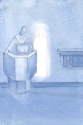 Kristus sto ved siden av presten som leste det hellige evangelium for oss alle, som var Kristi eget ord., 2000 (w/c på papir)