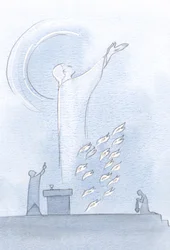 Kristus sto i helligdommen, hans øyne løftet opp mot himmelen, offerflammer nær hans klær, 2000 (w/c på papir)