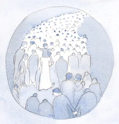 Kristus gikk midt blant sitt folk, et barn på sine skuldre, med pilegrimer og syke., 2001 (w/c på papir)