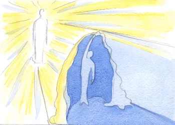 Kristi kjærlighet til hver enkelt av oss er uendelig og øm. Ting går galt i det åndelige liv når folk begynner å gjemme seg for Kristus ved synd eller motløshet, 2003 (w/c på papir)