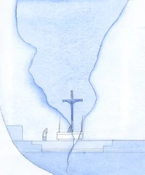 Under den hellige messen var det som om en sprekk dukket opp over helligdommen, gjennom hvilken jeg så Kristus på korset, 2002 (w/c på papir)
