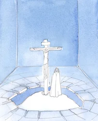 Fra vårt helligdom, ved hver messe, fremsetter Jesus Kristus, vår frelser, den bønnen han ba for oss under sin lidelse, da han døde på Golgata: «Far, tilgi dem», 2005 (akvarell på papir)