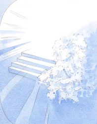 Gud ønsket hans martyrdøde munker velkommen til de helliges selskap. Hvite blomster dekorerte inngangen til herligheten, 2002 (w/c på papir)