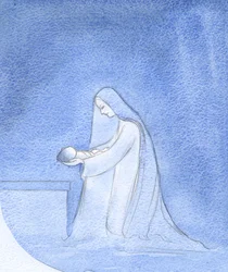 Hvor enkelt la Mary, kneltende, ned babyen sin for å sove, uten tanker om sin egen privilegerte rolle., 2001 (w/c på papir)