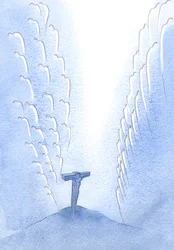 Hvordan englene, tusenvis av dem, grøsset av redsel da selve Guds Sønn døde på Golgata, i hans overgivelse og uendelige lovprisning av Faderen., 2001 (w/c på papir)