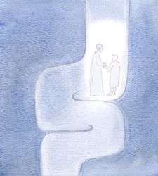 Jeg så at Kristus holder meg under mine reiser, mens vi beveger oss videre til Faderen, som om vi reiste gjennom snoede tunneler, 2000 (w/c på papir)